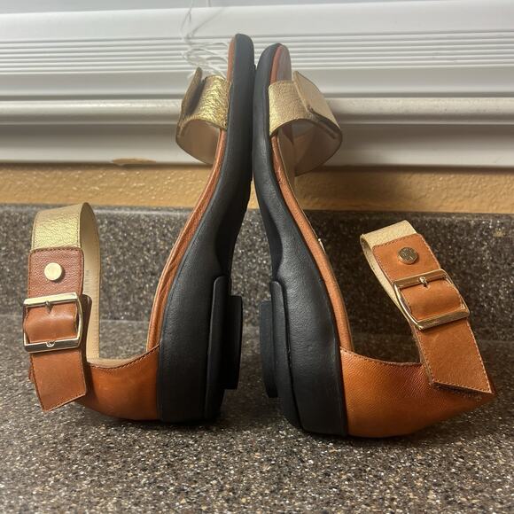 Gravity Defyer Sandals Gold/Brown Womens Sz 7M Leather Ankle Strap Open Toe Snap - Picture 5 of 11